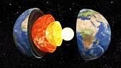 3D animation representing a cutaway view of Earth, revealing its...