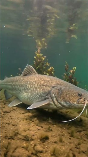 A giant catfish slowly swimming near the muddy river bottom in deep green freshwater. #fishing