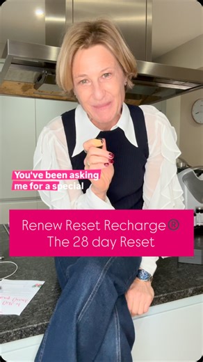This is special offer time with my incredible signature Nutrition programme Renew Reset Recharge®️ It brings my 20 years of clinical practice into ONE easy to follow, results driven plan. It’s a proven, successful and loved RESET programme to transform your health and change the way you eat forever. This programme has a personalised element so you get to choose the food you like to eat. So how does it work? Renew Reset Recharge®️ is a comprehensive 28 day plan that unfolds with new material ever