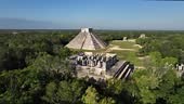 Scenic aerial view of Chichen Itza pyramid at sunrise