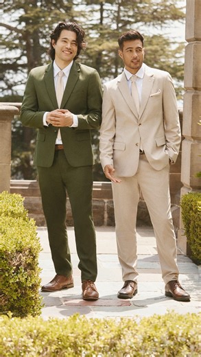 From wedding guests to groom and bride 🤍 First pairing: Carrie in matcha chiffon and suit in light tan Second pairing: Vienna luxe in indie blue jacquard and navy suit Third pairing: Nadia Bridal in white pearl satin and light tan suit #brideandgroom #coupletransition #weddingtrends #suitanddress #groominspo2026 #groomsmen #bridesmaiddress | Revelry