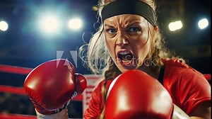 A female boxing referee in the middle of a boxing match, making a decisive call, with intense focus