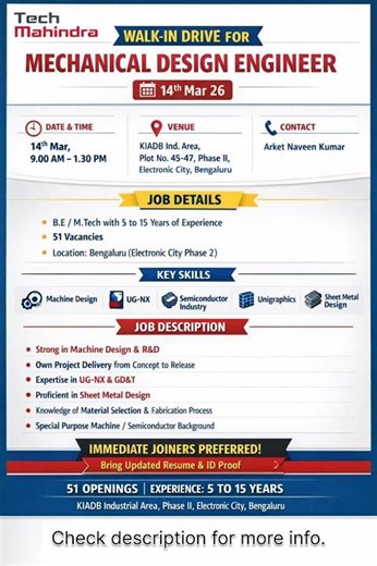 Tech Mahindra Walk-In Drive 2026 | Mechanical Design Engineer Jobs in Bangalore | 14 March 2026|#job