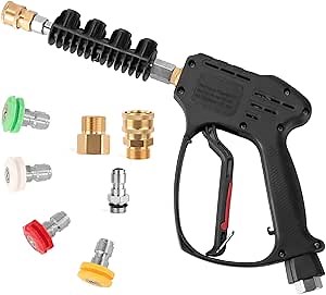 Pressure Washer Gun, 360 Swivel, Max 5000PSI, Black, No Power Required, Compatible with Foam Cannon, 4 Nozzle Tips, Extension Wand, M22-14mm/15mm to 3/8" Quick Connection
