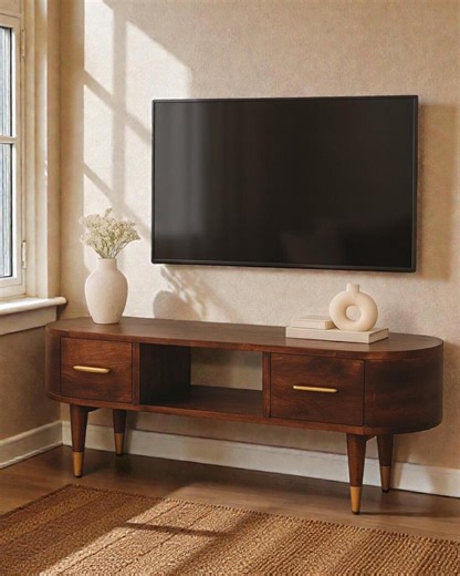 Solid Mango Wood TV Stand – Mid Century Modern Media Console With Drawers, Rustic Entertainment Unit for Living Room Storage Furniture - Etsy