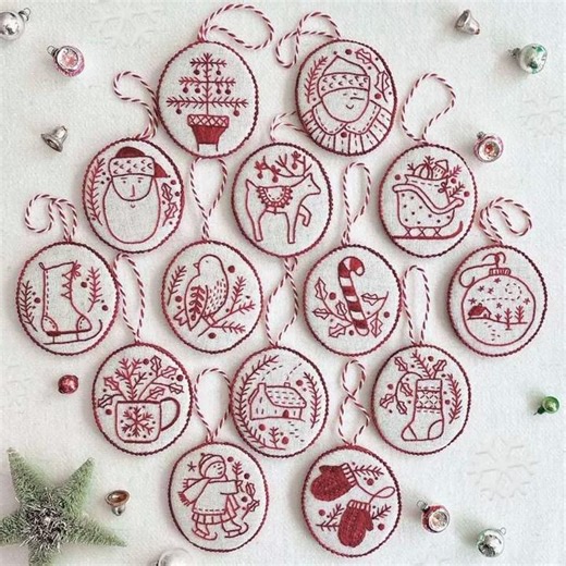 🤩Stitch up Redwork Christmas ornaments to decorate your holiday tree! 🎄This Hand Embroidery Christmas Ornaments kit makes it easy to create your own Christmas party. | Culminatew o