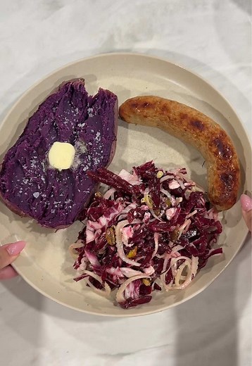 Baked Purple Sweet Potato and Chicken Sausage Dinner