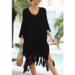 Fringed Hem Pointelle Knit Cover Up in Black
