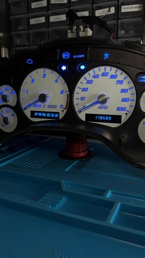 Southridge Fix on Instagram: "Quick blue out package on this S10 cluster! Blue LEDs all around, clean and bright. Backlights and emergency lights all swapped for that smooth modern glow. White gauge face and white needles tie it all together for a crisp, super clean finish that looks way newer than the truck itself. Thinking about upgrading your S10 interior? Want that fresh glow at night? We can set yours up the exact same way. Send us a DM today and we’ll get you booked in! #fyp #liftedtrucks 