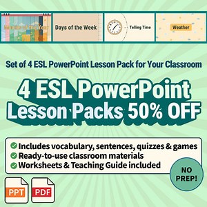 50% OFF – Set of 4 ESL PowerPoint Lesson Packs | Complete Teaching Resource