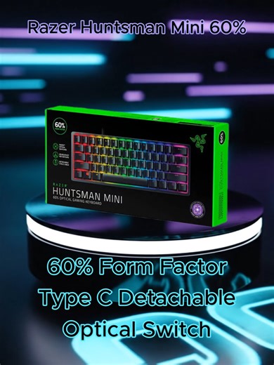SMALLER SIZE. BIGGER PLAYS. 🐍⚡ Elevate your setup with the Razer Huntsman Mini. By removing the number pad and function row, you get a 60% compact design that gives you maximum room for your mouse while delivering the fastest response times in gaming. 💎 ELITE PERFORMANCE FEATURES:⌨️ 60% Form Factor (Minimalist design for more desk space) 🚀 Razer™ Optical Switches (Light and clicky for lightning-fast actuation) 💎 Doubleshot PBT Keycaps (Premium texture that never wears down) 🔌 Detachable Typ