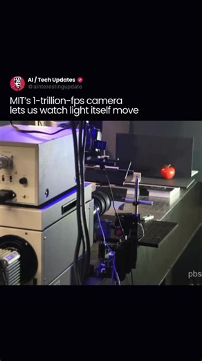 AI / Tech Updates on Instagram: "MIT has created one of the fastest cameras in the world — capable of filming light itself in motion. At 1 trillion frames per second, this technology allows scientists to slow down the universe’s speed limit and actually watch light travel. You can see it bounce off surfaces, pass through objects like fruit, and even form delayed shadows. To understand its power: filming a single bullet passing through an apple would take a full year to replay. This breakthrough 
