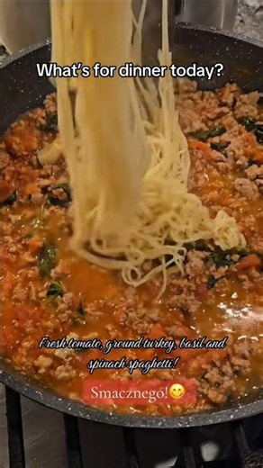 Homemade Spaghetti with fresh tomatoes, spinach, basil and ground turkey. Dish Delish!😋🇮🇹