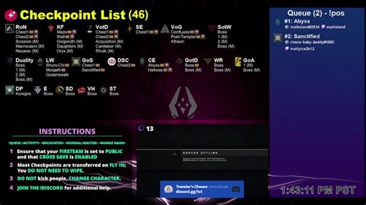 Destiny 2 Checkpoint Bot🎉// 🤖 @TravelersChosenTeam, @LuckBot9, @GuardianDownBot, @D2Chests, @DestinyCheckpoints