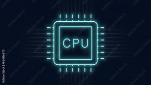Animated cpu circuit neon animation. Processor chip animated icon glow effect. Scaling verbal sign. Computer component. Dynamic overlay on white background. HD video with alpha channel. Motion graphic Stock Video