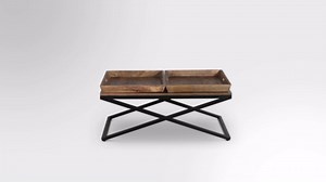 The Urban Port 24 Inch Accent Side End Table, Brown Acacia Wood, Slatted Square Top, Handcrafted Abstract Silhouette, Black Iron