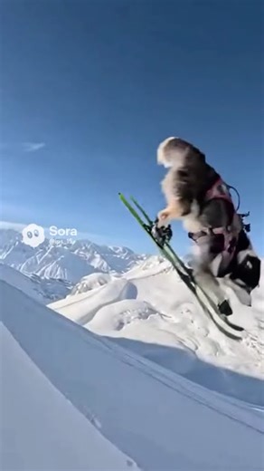 Husky skiing down a snowy mountain.