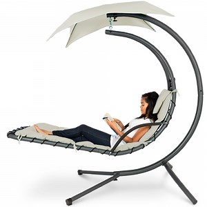 Best Choice Products Hanging Curved Chaise Lounge Chair Swing for Backyard, Patio w/ Pillow, Shade, Stand - Ivory