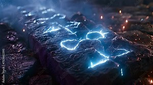 Glowing ancient runes carved on a stone tablet invoke the magic power