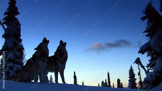 Two wolves howling together on a snow-dusted hill at blue hour, the concept of unity, a common voice, and spiritual connection