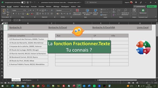 Présentation de la fonction Excel Fractionner.Texte 📚 Le Livre Excel l'Intégrale : https://www.bonbache.fr/livres-excel-pdf.php#excel-int ✔ La source Excel : https://docs.google.com/spreadsheets/d/12wiH97bkpVvVY81nxgrAKcSZHNu-zpUb/edit?usp=sharing&ouid=115258297157405395083&rtpof=true&sd=true Cette vidéo montre comment découper des chaînes de textes sur un délimiteur choisi. Pour cela, elle présente la très utile fonction Excel Fractionner.Texte qu'elle fait agir sur des adresses postales. | Fo
