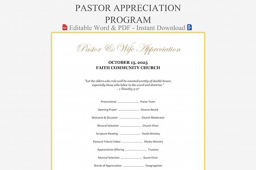 Sample Church Pastor & Wife Appreciation Program - Editable Template - Etsy