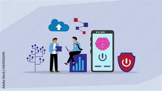 Artificial Intelligence and Machine Learning Strategy: Secure Cloud Computing and Digital Brainpower cartoon animation