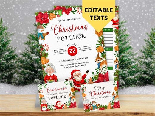Christmas Potluck Sign up With Santa, Flyer Invitation, Table Cards, All Texts Editable in Canva - Etsy