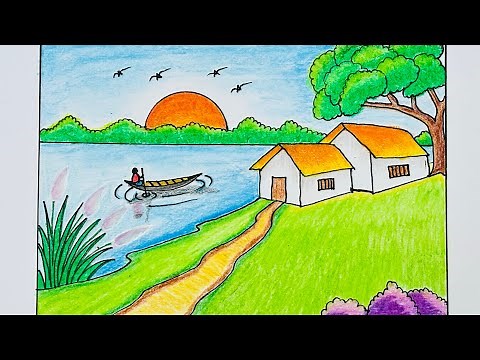 Easy Village Nature Drawing for Kids | Step-by-Step Colorful Scenery Tutorial