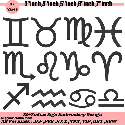 Zodiac Signs Machine Embroidery Design 12 Astrology Star Signs Embroidery 12 Horoscope Signs Bundle Embroidery Zodiac Applique Pesfile5 size - Etsy