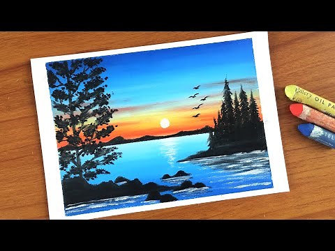 Easy Oil pastel Sunset Scenery painting for beginners | Oil Pastel Drawing Tutorial