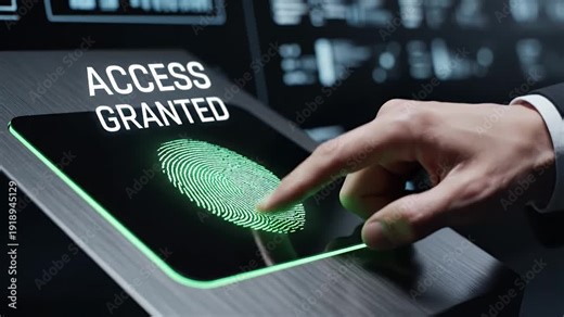 Secure Access with Fingerprint Biometric Scan - A hand scans a fingerprint on a digital device for secure access and identity verification.