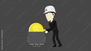 Bitcoin Miner with mining barrow going to the left animation - 4K, matte included