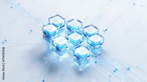 3D visualization of a secure blockchain, interconnected blocks of transparent data with glowing cryptographic hashes inside, decentralized network concept