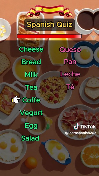 Breakfast foods in Spanish 🍔🥗🍝 #learnspanish #spanish #spanishquiz #spanishlesson #foryou #viral #fyp
