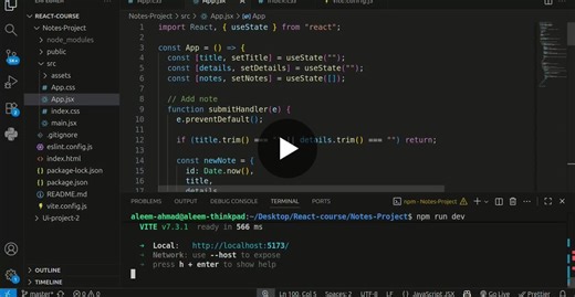 🚀 Built a Notes App using React.js I recently developed a Notes Making Application using React where users can: 📝 Add a note with a title and description 🗑 Delete notes instantly ⚡ Dynamically… | Aleem Ahmad