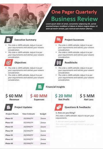 One Pager Quarterly Business Review PowerPoint Template | Kridha Graphics