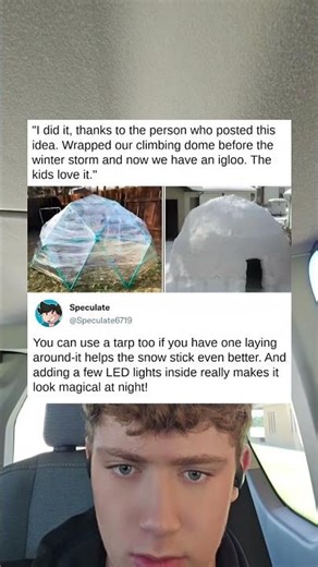 Wrapping a climbing dome before a storm creates a perfect kid's igloo