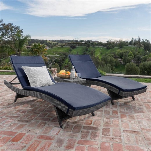 Noble House Miller Grey 3-Piece Faux Rattan Outdoor Patio Chaise Lounge and Table Set with Navy Blue Cushions 12185 - The Home Depot