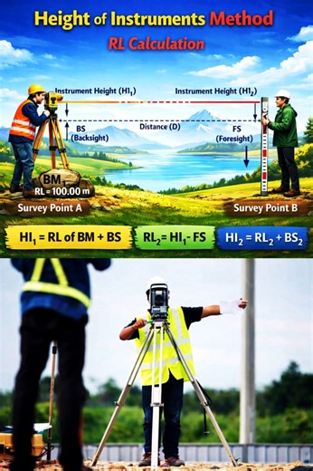 The Height Of Instrument Method Simplifies Reduced Level Calculations In Surveying. Starting From A Benchmark Of 100.00 m, You Calculate HI1 By Adding Backsight To The RL. The RL At Survey Point B Is Then Found By Subtracting Foresight From This Height. This Linear Process Ensures Accuracy Across Distances For Topographic Mapping. Related hashtag : ​#CivilEngineering #Surveying #Leveling #SiteSurvey #ConstructionEngineering #EngineeringStudent #Mapping #LandSurveying | DSE