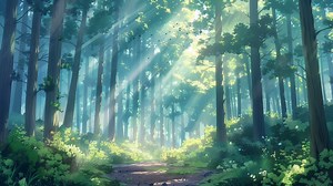 sun rays through the forest. Japanese anime illustration painting style
