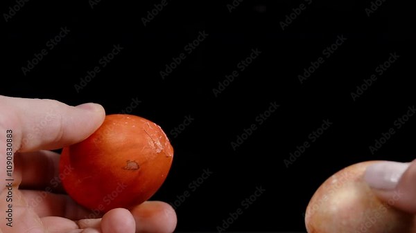 Hands hold two Easter eggs, ready to tap them together in a traditional Easter egg tapping game against a dark background. slow motion Stock Video