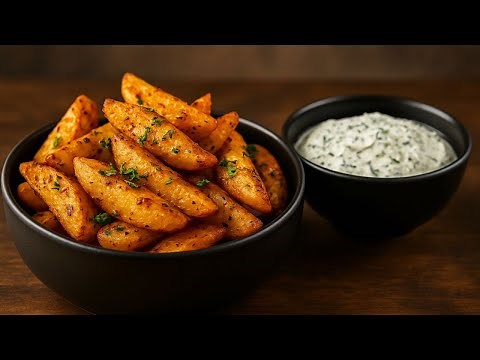 "Crispy Oven-Baked Potato Wedges with Garlic Yogurt Sauce | Easy & Flavorful"