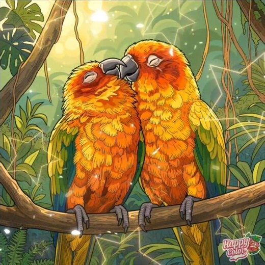 Colour with me two beautiful parrots in Happy Color App.