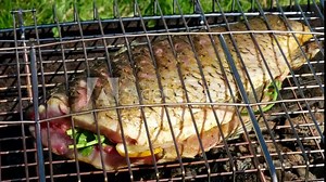Grilled carp. Fresh fish without a head is fried on a net on a fire. Diet BBQ. Delicious protein food. River fish. Traditional cuisine. Summer food cooked in nature. Close up.