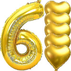 Number 6 Balloons 40 inch Gold Extra Large Big Foil Giant Jumbo Helium Mylar Metallic Number Balloon with Straw and Heart Shaped Balloons for Sixth 6th Birthday Party Decorations