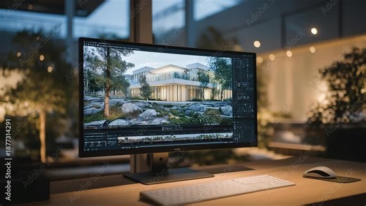 A high-performance graphics workstation powering 3D modeling software as designers craft photorealistic environments, GPU fans humming steadily — creative industry computing, digital production