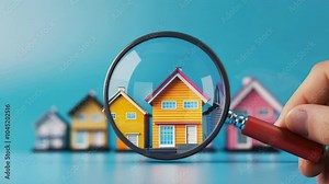 Magnifying glass is used to look at a row of houses. The houses are all different colors and sizes