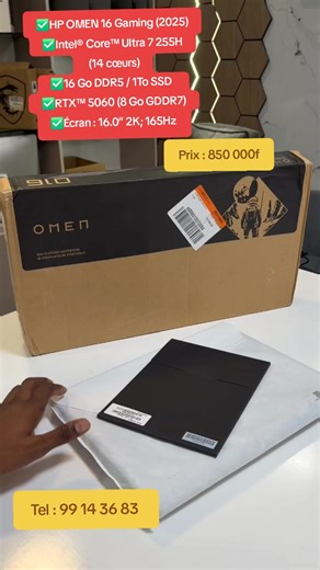 Hp Omen 16 Slim Gamer ✅HP OMEN 16 Gaming (2025) ✅Processeur : Intel® Core™ Ultra 7 255H (14 cœurs, 6 Performance 8 Efficient) ✅Mémoire vive : 16 Go DDR5 ✅Stockage : 1 To SSD PCIe ✅Carte Graphique : NVIDIA® GeForce RTX™ 5060 (8 Go GDDR7) ✅Écran : 16.0” 2K (1920 × 1200) IPS LED, 400 nits, fréquence variable 60–165 Hz ✅Technologie VRR : fluidité maximale pour le gaming et la création ✅Autonomie : batterie 6 cellules – 83 Wh avec charge rapide ✅Design : fin, léger, châssis gamer “Slim” haut de gamme