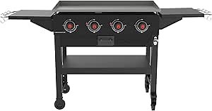 Coleman Cookout 4-Burner 60,000 BTU Propane Gas Grill Griddle Station with 720-Sq. In. Total Cooking Surface, Grease Tray, 2 Side Shelves, and 4-Wheel Cart, Propane Grill with Storage Shelves in Black